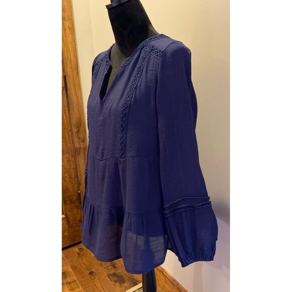 Zac & Rachel Blouse Size ? Large Navy Boho Lace Trim Peasant Top Hippie 70’s - Picture 4 of 11
